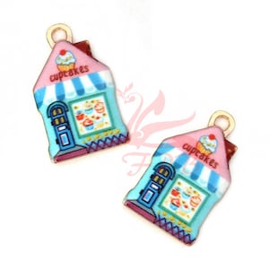 2 Cupcakes Sweets Shop Charms 22mm Wholesale Gold Plated Enamel Pendants EC0115684