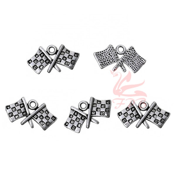 10 Checkered Flag Charms 23mm Wholesale Antiqued Silver Plated Nascar Formula One Racing Pendants SC0097367