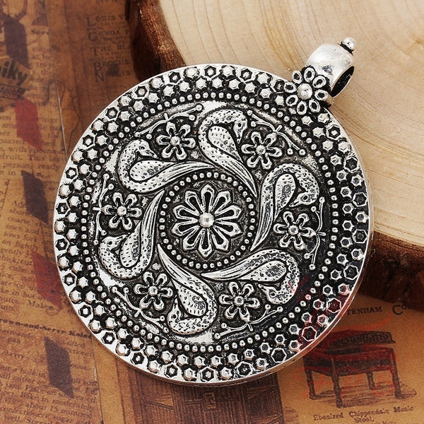 1 Peacock Flower Pendant 71mm Large Antiqued Silver Plated Focal Pendant SP0091871