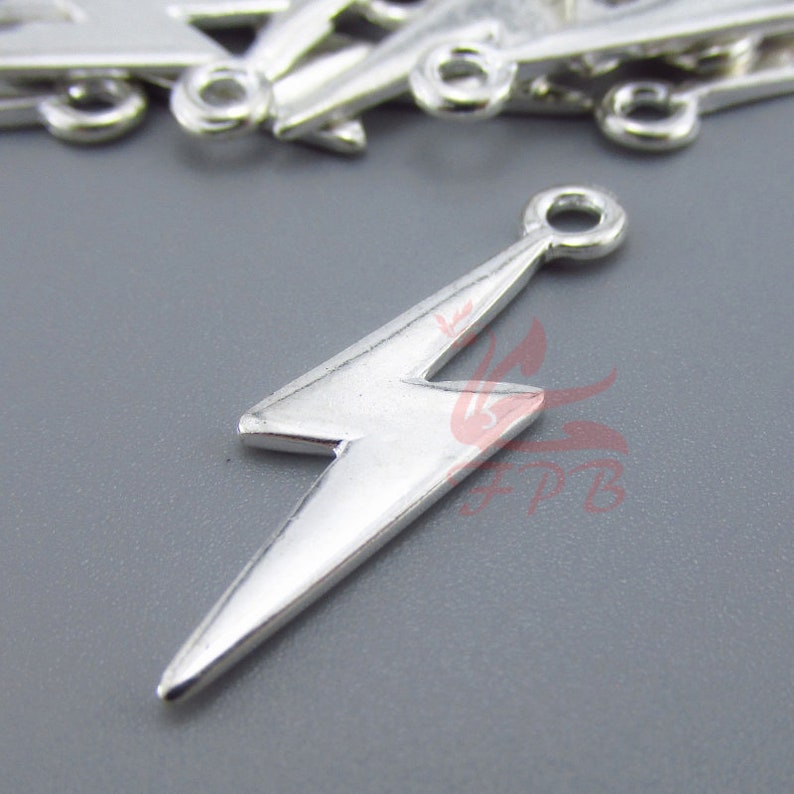 10 Lightning Bolt Charms 29mm Antiqued Silver Plated Pendants Etsy
