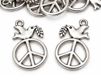 10 Peace Dove Charms 28mm Wholesale Antiqued Silver Plated Pendants SC0065016