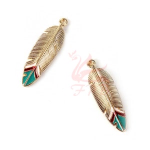 2 Gold Feather Charms 33mm Wholesale Teal Enamel Gold Plated Pendants GC0100011