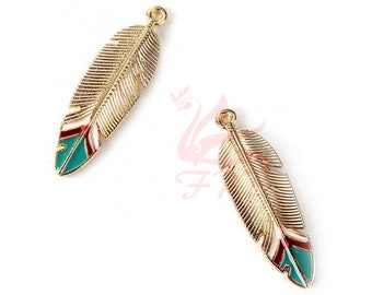2 Gold Feather Charms 33mm Wholesale Teal Enamel Gold Plated Pendants GC0100011