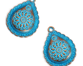 5 Teardrop Mandala Charms 28mm Wholesale Antiqued Copper Turquoise Patina Pendants CC929150