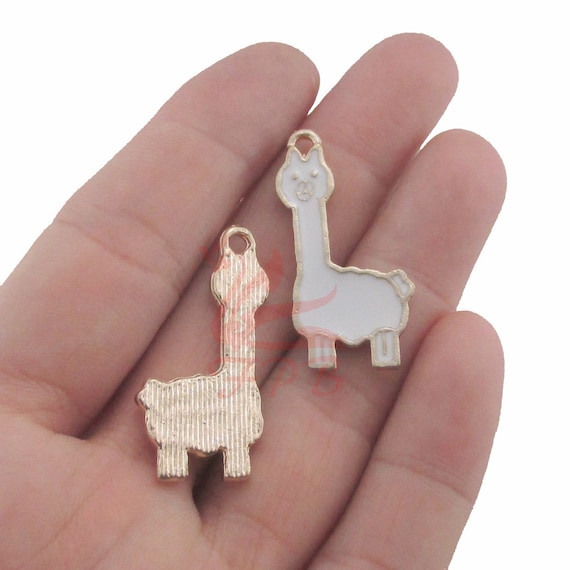 Llama Charms 32mm Gold Plated White Enamel Alpaca Pendants