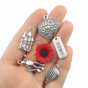 Puede incluir: Colecci&oacute;n de abalorios plateados: un castillo, un cerebro, una amapola roja, una etiqueta con "HOME", una figura en una escoba y un globo aerost&aacute;tico. La amapola tiene un centro negro.