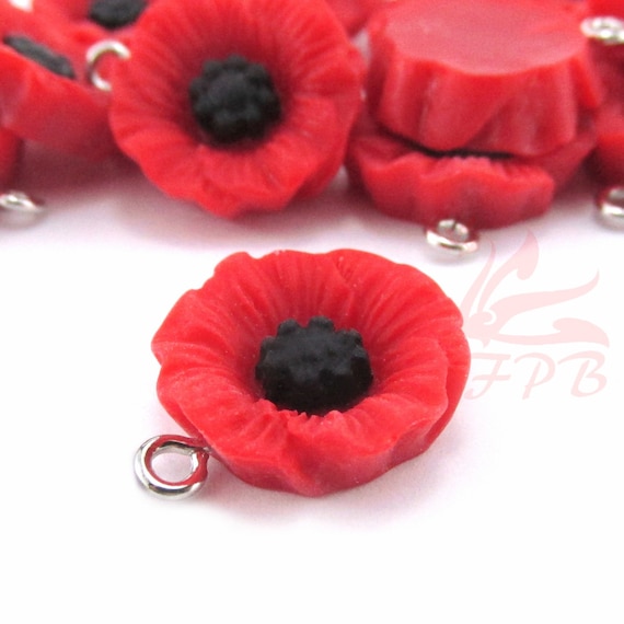 2 Red Poppy Flowers Charms 21mm August Birth Flowers Resin Poppies