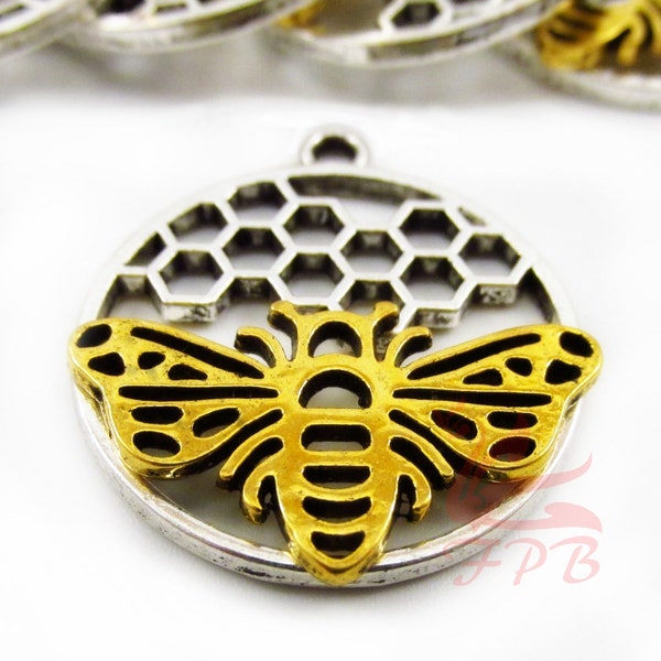 2 Honeycomb Bee Charms Wholesale Antiqued Silver Plated Queen Bee Pendants SC0083669