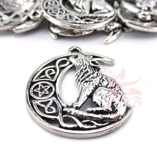 5 Celtic Moon Wolf Charms 34mm Wholesale Antiqued Silver Plated Pentagram Pendants SC733824