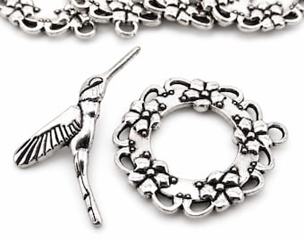 5 Hummingbird Toggle Clasp Sets 29mm Wholesale Antiqued Silver Plated Jewelry Making Findings F0075690