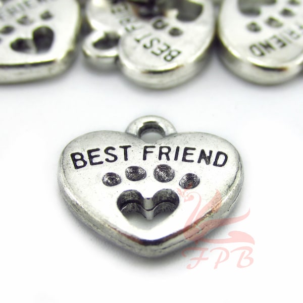 10 Best Friend Charms 15mm Antiqued Silver Plated Cat Dog Paw Print Heart Pendants SC0103406