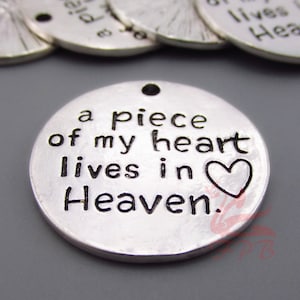 2 Memorial Charms 25mm A Piece Of My Heart Lives In Heaven Antiqued Silver Plated Pendants SC0088945