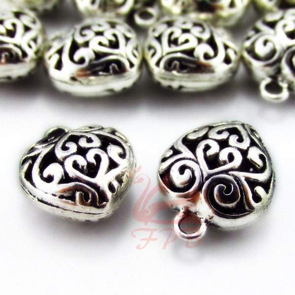 2 Heart Charms 16mm Antiqued Silver Plated Filigree Pendants SC0109495