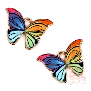 2 Rainbow Butterfly Charms 22mm Wholesale Gold Plated Enamel Animal Pendants EC0708824