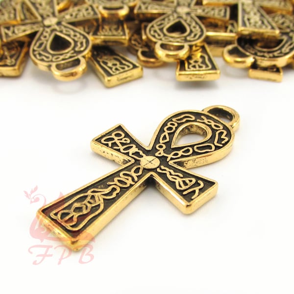 2 Egyptian Ankh Charms 37mm Antiqued Gold Plated Egypt Hieroglyph Cross Pendants SC0084174