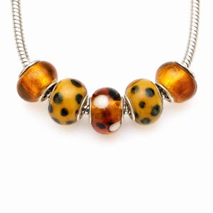 Può includere: Una collana a catena snake in argento con cinque perline di vetro. Le due perline esterne sono color ambra traslucido, le due interne sono gialle con punti scuri e la perlina centrale è un mix di ambra, marrone scuro e macchie bianche.
