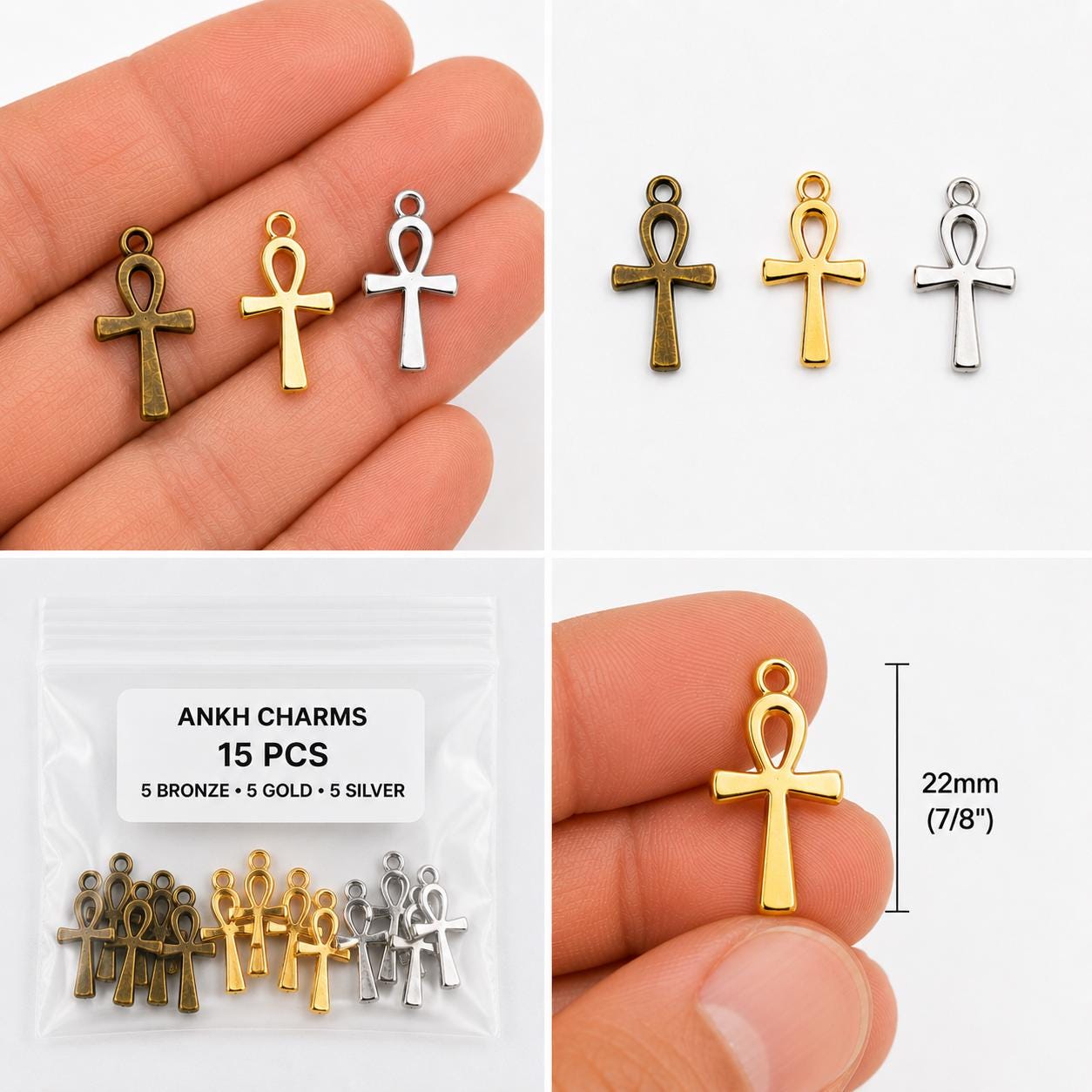 15 Ankh Cross Charms Mix 22mm Wholesale Antiqued Gold Silver