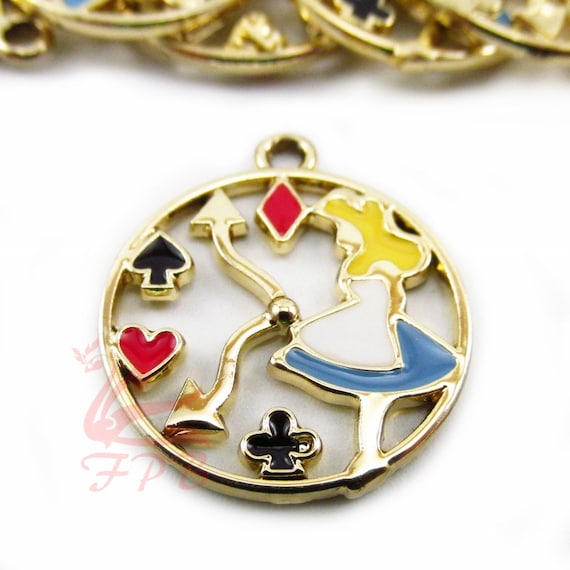 2 Alice in Wonderland Charms 23mm Gold Plated Enamel Clock Pendants  EC0096144 