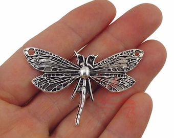 2 Dragonfly Pendants 49mm Wholesale Antiqued Silver Plated Insect Charms SC0013103