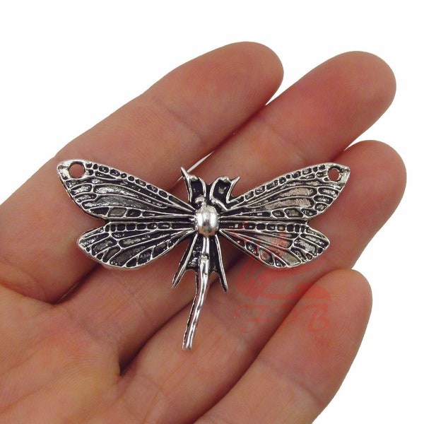 2 Dragonfly Pendants 49mm Wholesale Antiqued Silver Plated Insect Charms SC0013103