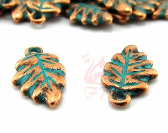 10 breloques feuille de cuivre 19mm vente en gros pendentifs patine turquoise en cuivre antique CC845681