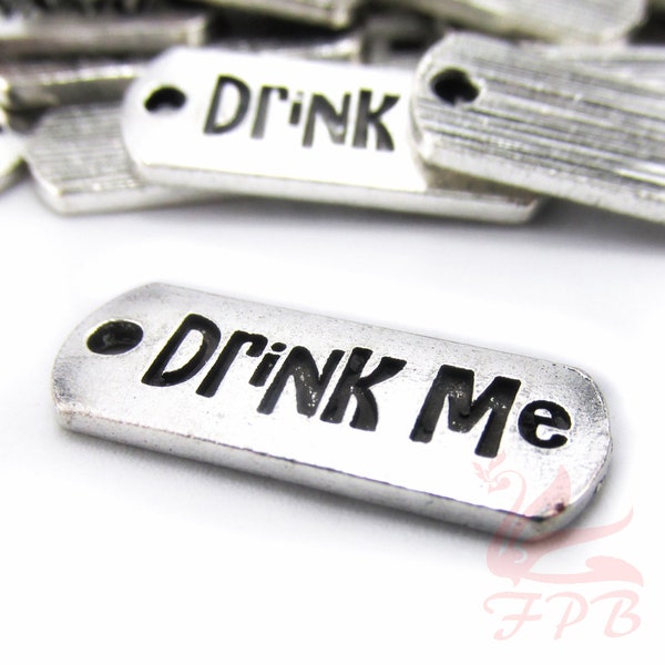 10 Drink Me Charms 21mm Alice In Wonderland Antiqued Silver Plated Pendants SC0011819