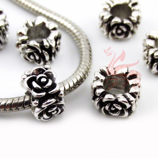 5 Large Hole Flower Beads 9mm Wholesale Antiqued Silver Plated European Floral Spacer Beads EB0004729