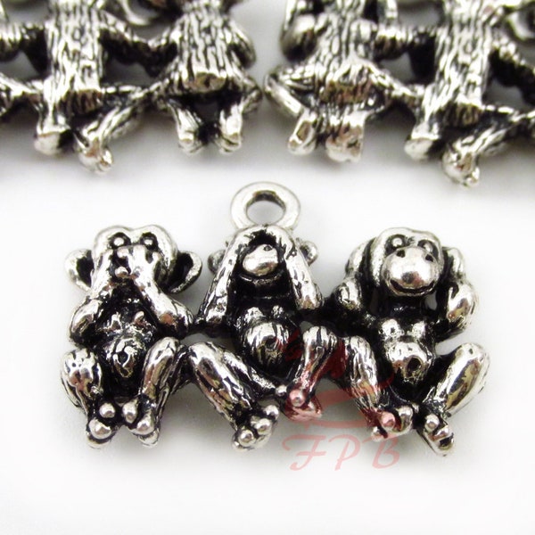 2 Three Wise Monkeys Charms 26mm Wholesale Antiqued Silver Plated No Evil Monkeys Pendants SC0067675