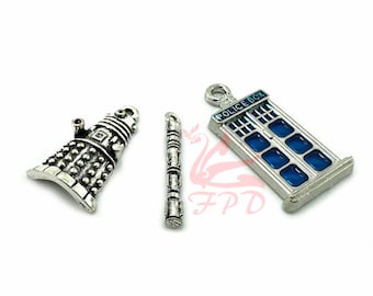 Tardis, Sonic Screwdriver, Dalek Robot 3 Pieces Charm Set - Wholesale Fandom Pendants CC03282024