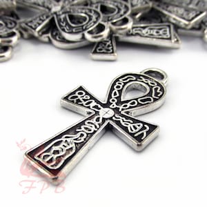 2 Egyptian Ankh Charms 37mm Antiqued Silver Plated Egypt Hieroglyph Cross Pendants SC0084175
