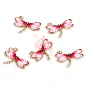 2 Rosa Libelle Charms 22 mm Groß Vergoldet Emaille Anhänger EC0096604