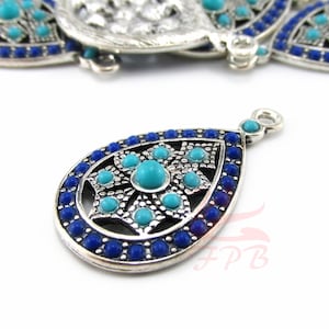 1 Blue Teardrop Charm 29mm Mandala Design Antiqued Silver Plated Resin Pendant EC662008