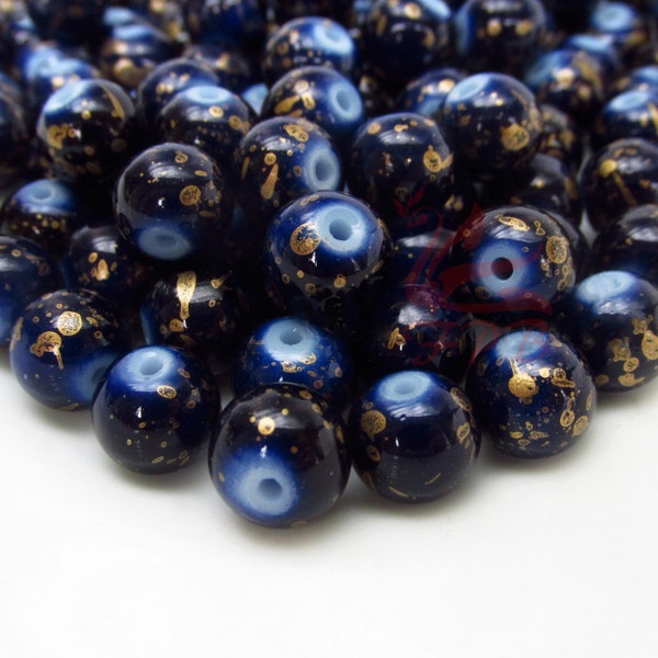 20 Navy Blue 8mm Glass Beads Gold Spots Beads For Jewelry Making GB0102561
