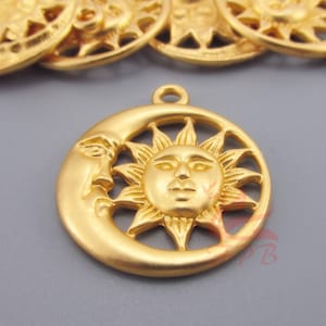 2 Sun And Moon Charms 30mm Wholesale Matte Gold Plated Celestial Pendants GC0110011