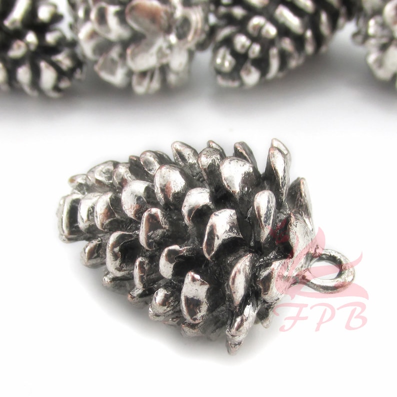May include: Silver-toned metal pine cone charm with a loop for hanging. The pine cone is detailed with textured scales.