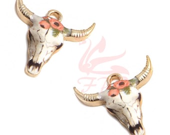 2 Bull Skull Charms 25mm Pink Rose Gold Plated Enamel Cow Steer Skull Pendants EC0152574