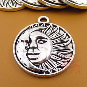 5 Sun And Moon Charms 29mm Wholesale Antiqued Silver Plated Celestial Pendants SC0106840