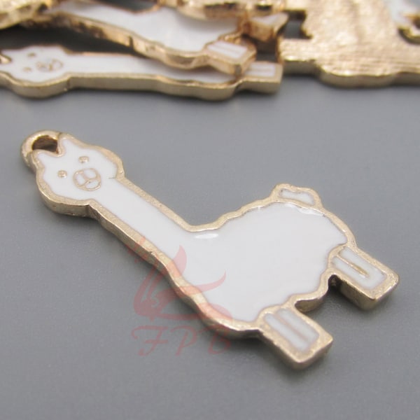 2 Llama Charms 32mm Gold Plated White Enamel Alpaca Pendants EC0101073