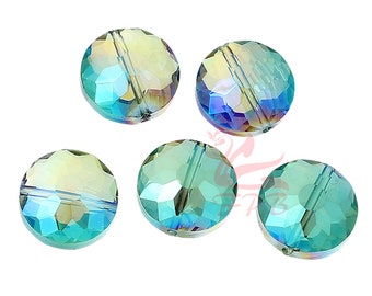5 Green AB Glass Beads 14mm - Wholesale Hand Faceted Crystal Glass Coin Beads GB0069521