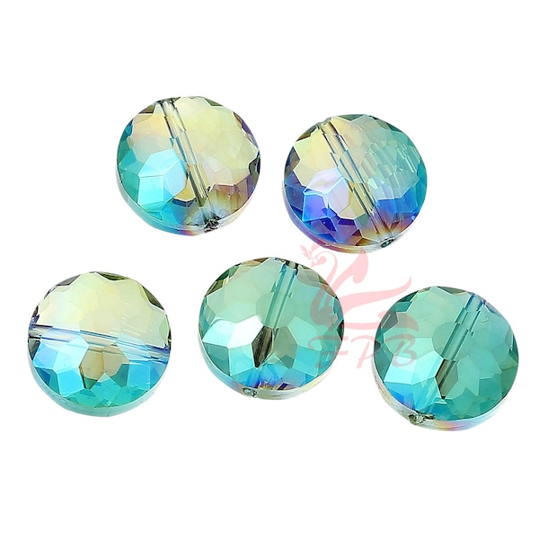 5 Green AB Glass Beads 14mm - Wholesale Hand Faceted Crystal Glass Coin Beads GB0069521