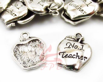 10 #1 Teacher Charms 18mm Wholesale Antiqued Silver Plated Apple Pendants SC0074870