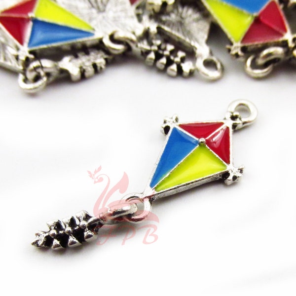 1 Flying Kite Charms 30mm Wholesale Silver Plated Red Enamel Pendants EC0106911R