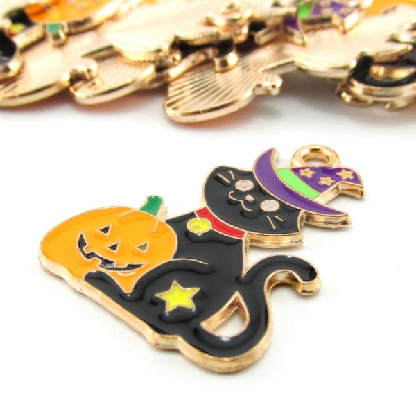 2 Black Cat Halloween Charms 25mm Pumpkin Jack O Lantern Émail Plaqué Or Pendentifs EC897661