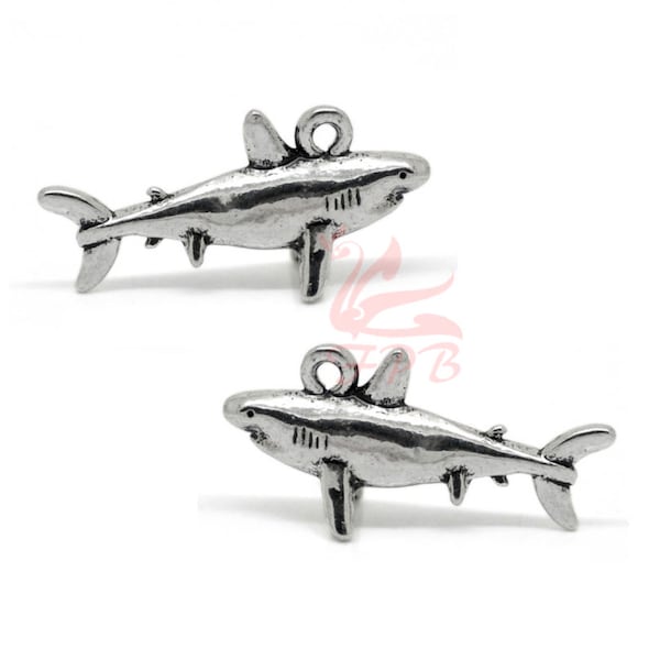 2 Shark Charms 26mm Wholesale Antiqued Silver Plated Animal Pendants SC0020475