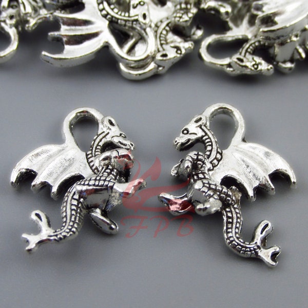 10 Dragon Charms 21mm Wholesale Antiqued Silver Plated Pendants SC0015017