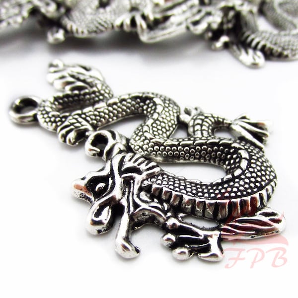 2 Asian Dragon Charms 52mm Wholesale Antiqued Silver Plated Pendants SC0008589