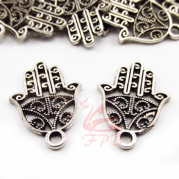 10 Hamsa Hand Charm 21mm Wholesale Silver Plated Pendants SC0071509