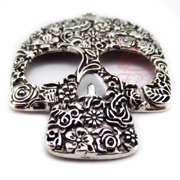 1 Sugar Skull Pendant 64mm Calavera Large Antiqued Silver Plated Focal Necklace Pendant For Jewelry Making SP0083029