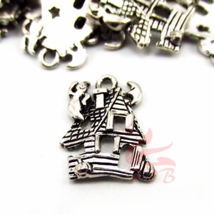 10 Haunted House Charms 20mm Wholesale Antiqued Silver Plated Halloween Pendants SC0030474