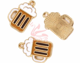 2 Beer Mug Charms 19mm Gold Plated Oktoberfest Steins Enamel Pendants EC0719454
